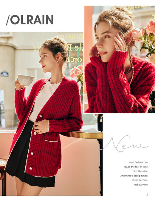 OLrain欧芮儿法式红色毛衣外套女秋季2025新款复古中长款针织开衫 商品图0