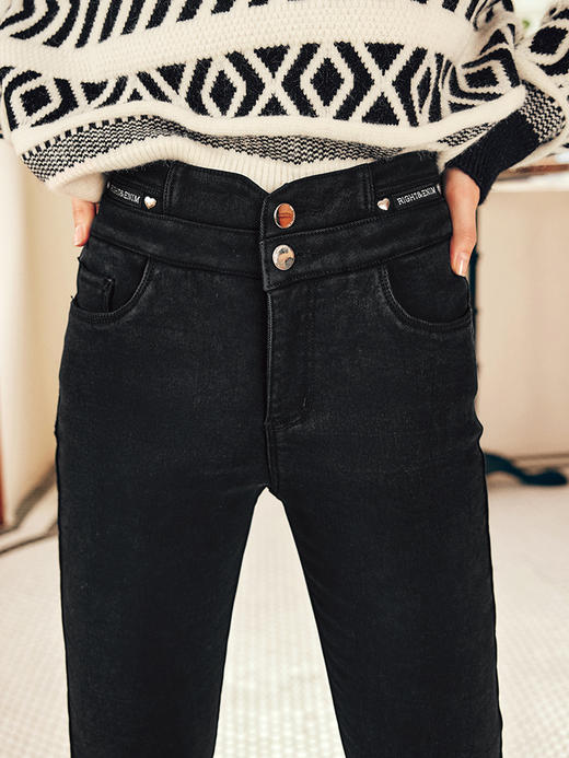 OLrain欧芮儿法式黑色加绒牛仔裤女冬季2025年新款高腰紧身小脚裤 商品图1