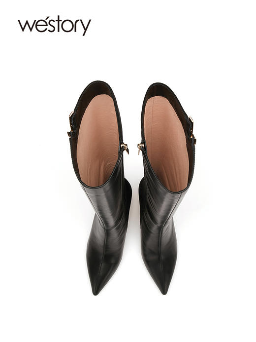 westory2022秋冬新款金属v口长筒粗腿真皮拼接细高跟长靴82651 商品图3