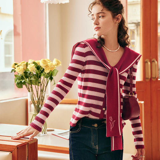 OLrain欧芮儿法式条纹毛衣女秋季2025年新款刺绣v领披肩款针织衫 商品图3