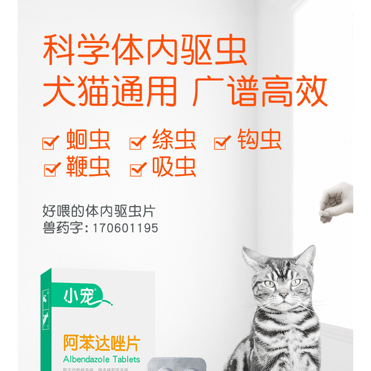小宠阿苯达唑片50mg*8/盒 体内驱虫 小型犬猫通用