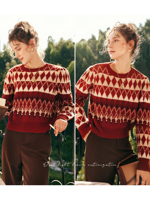 OLrain欧芮儿法式套头菱格毛衣女秋冬2022新款宽松复古毛绒针织衫 商品图1