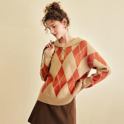OLrain欧芮儿法式海军领毛衣女春2025新款宽松慵懒菱格针织上衣 商品图1