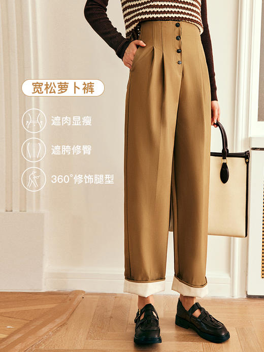 OLrain欧芮儿法式卡其色休闲裤女秋冬2022新款高腰阔腿卷边西装裤 商品图3