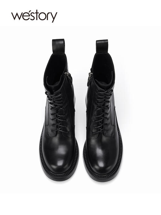 westory秋冬小个子英伦风真皮粗跟圆头绑带马丁靴女82071 商品图3