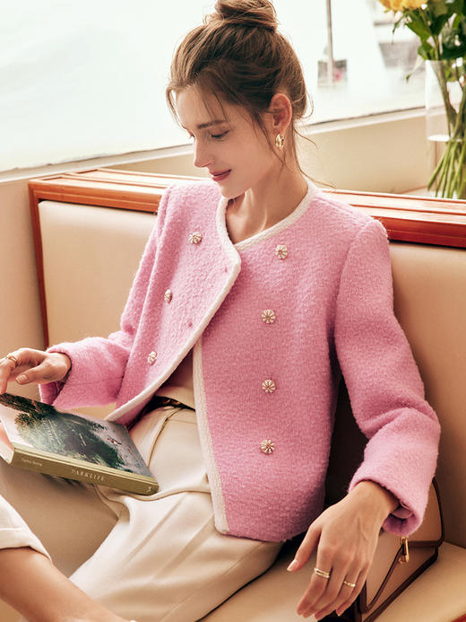 OLrain欧芮儿法式小香风短外套女冬季2025新款粉色粗花呢甜美开衫 商品图3
