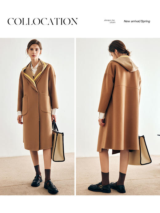 OLrain欧芮儿法式驼色毛呢外套女冬季2024年新款学院风连帽大衣 商品图1