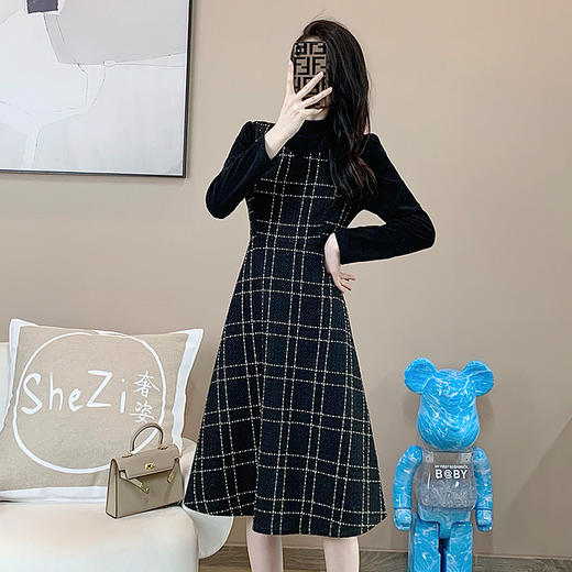 奢姿2025年冬装新款大码女装减龄格纹拼接连衣裙胖妹妹时尚裙子9924890793 商品图1