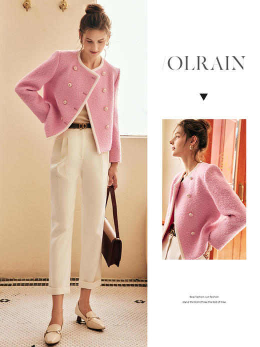 OLrain欧芮儿法式小香风短外套女冬季2025新款粉色粗花呢甜美开衫 商品图0