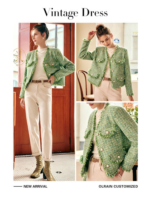 OLrain欧芮儿法式小香风毛呢短外套女秋季2022新款毛边小个子上衣 商品图3