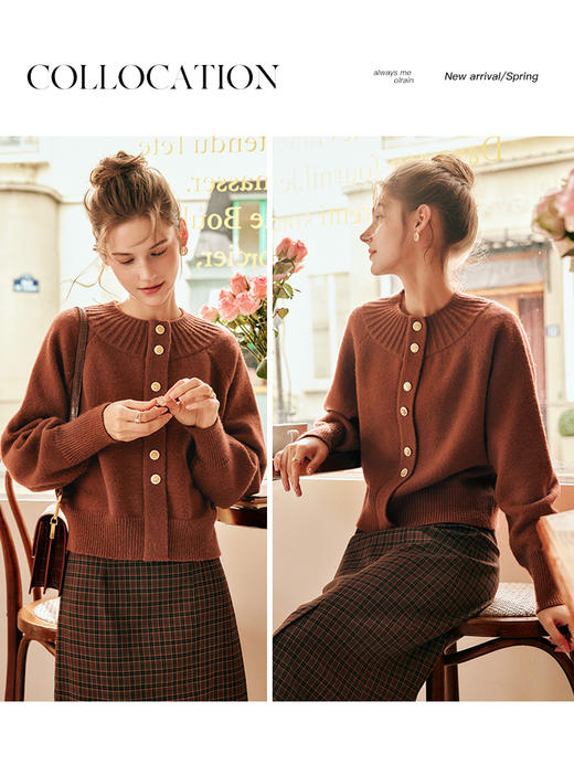 OLrain欧芮儿法式焦糖色毛衣女秋冬2022新款宽松复古落肩袖套头衫 商品图1