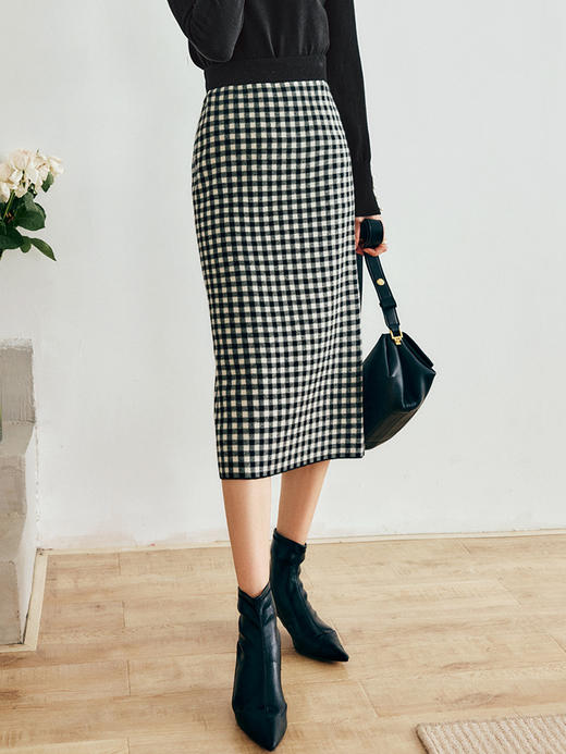 OLrain欧芮儿法式格子针织半身裙女秋季2022新款高腰直筒中长款裙 商品图3