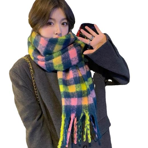 【新品欧美时尚百搭围巾】欧美英伦风彩色格子围巾女日系马海毛粗辫子流苏加长保暖围脖披肩 商品图4