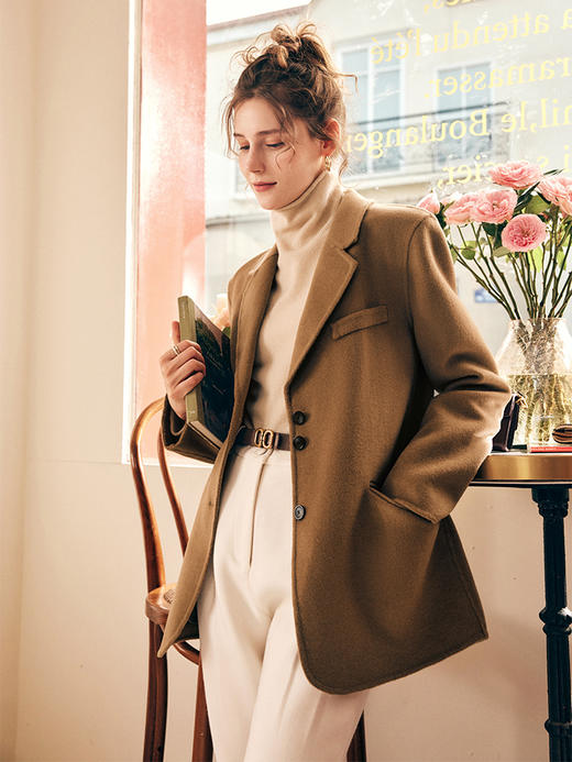 OLrain欧芮儿法式驼色双面呢毛呢外套女秋冬2022新款羊毛中长大衣 商品图3