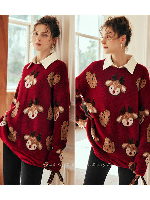 OLrain欧芮儿法式红色毛衣女冬季2023新款宽松趣味圣诞毛绒针织衫 商品图1