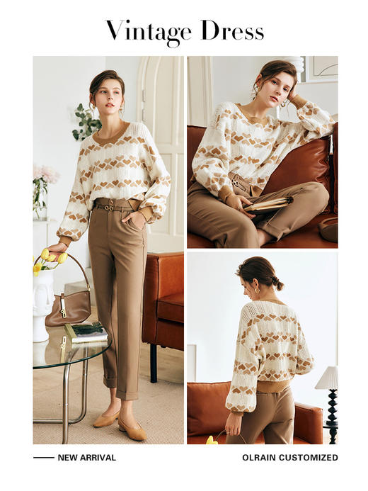 OLrain欧芮儿法式咖色提花毛衣女秋冬2022新款宽松爱心撞色针织衫 商品图3