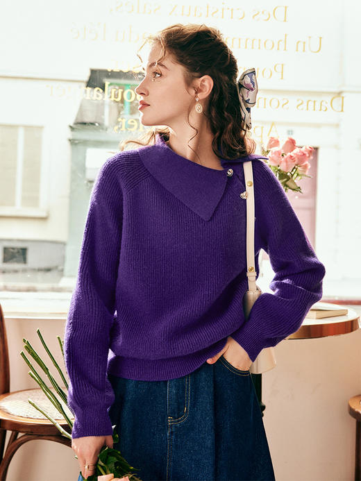 OLrain欧芮儿法式紫色毛衣女秋冬2022年新款不对称翻领毛绒针织衫 商品图3