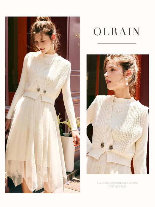 OLrain欧芮儿法式连衣裙时尚套装女秋冬2022年新款马甲开衫两件套 商品图0
