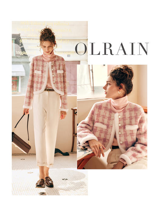 OLrain欧芮儿法式粉色毛呢外套女秋冬2022年新款皮毛一体短款大衣 商品图0