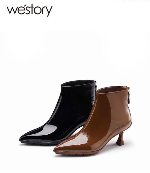 westory2022年新款尖头细高跟时髦瘦瘦靴真皮亮面时装靴82011 商品图1