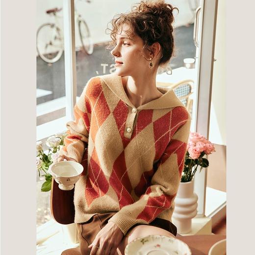 OLrain欧芮儿法式海军领毛衣女春2025新款宽松慵懒菱格针织上衣 商品图3