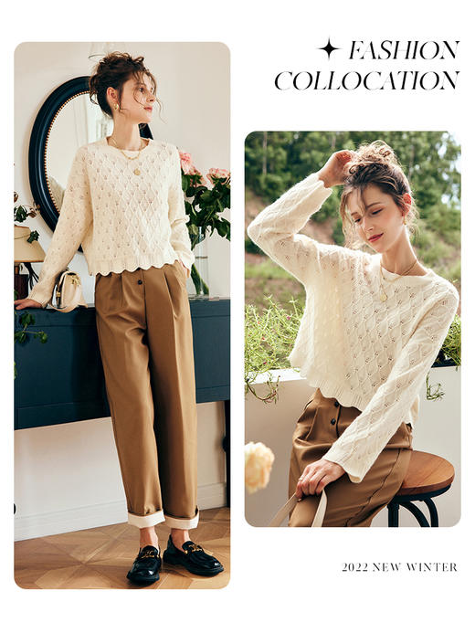 OLrain欧芮儿法式卡其色休闲裤女秋冬2022新款高腰阔腿卷边西装裤 商品图0