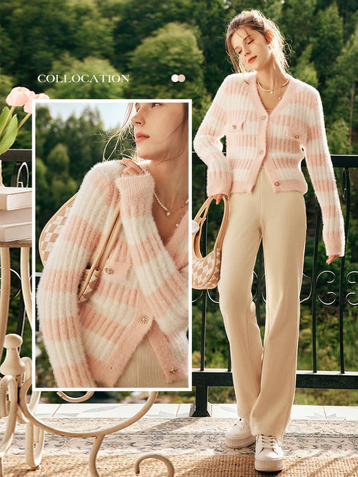 OLrain欧芮儿法式小香风毛衣外套女秋冬2022年新款条纹马海毛开衫 商品图0