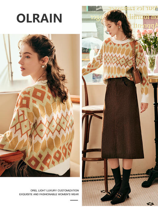 OLrain欧芮儿法式套头毛衣女秋冬2022新款宽松慵懒提花保暖针织衫 商品图3