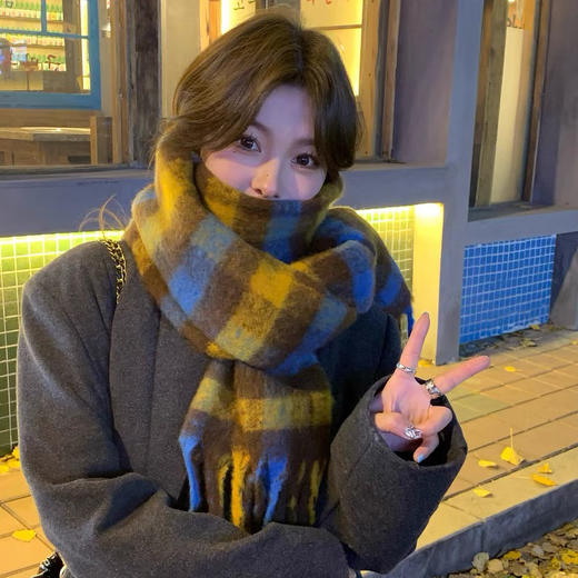 【新品欧美时尚百搭围巾】欧美英伦风彩色格子围巾女日系马海毛粗辫子流苏加长保暖围脖披肩 商品图1