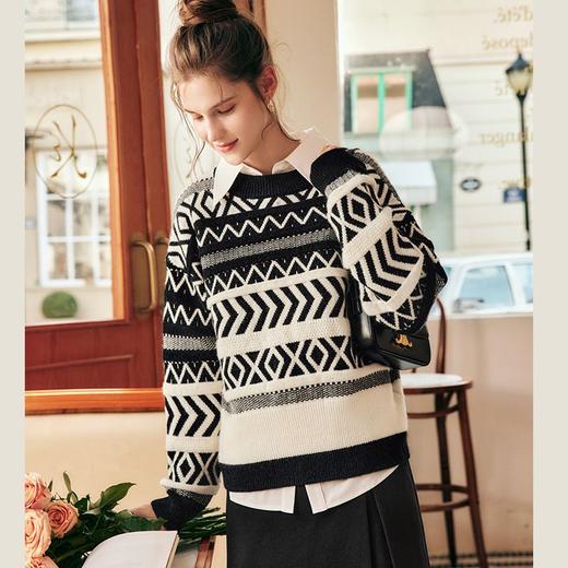 OLrain欧芮儿法式黑白色毛衣女秋冬2022新款宽松慵懒复古针织上衣 商品图1