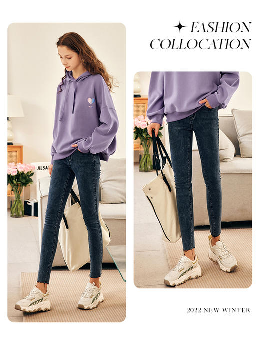 OLrain欧芮儿法式紫色加绒连帽卫衣女春季2025新款宽松慵懒风上衣 商品图0