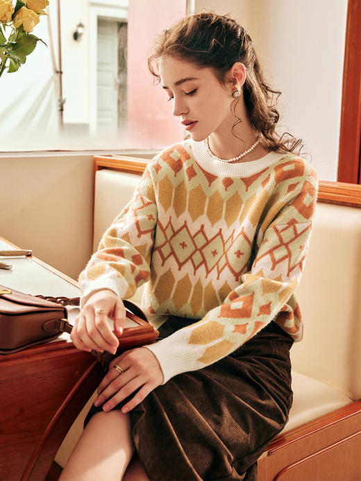 OLrain欧芮儿法式套头毛衣女秋冬2022新款宽松慵懒提花保暖针织衫 商品图0