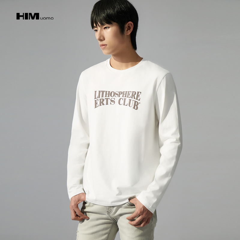 HIM漢崇 休闲百搭圆领套头长袖T恤男潮流印花修身打底衫 2024秋季