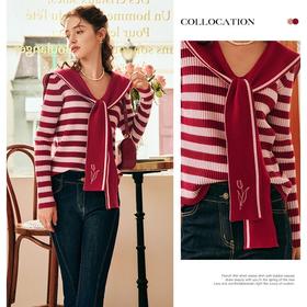 OLrain欧芮儿法式条纹毛衣女秋季2025年新款刺绣v领披肩款针织衫