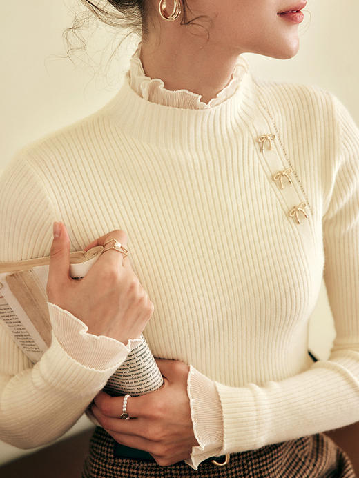 OLrain欧芮儿法式半高领套头毛衣女秋冬2022新款修身拼接针织上衣 商品图3