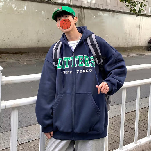 【男款休闲潮流外套】慵懒风开衫高克重磅大码卫衣男潮牌藏蓝色夹克连帽外套秋新款休闲 商品图3