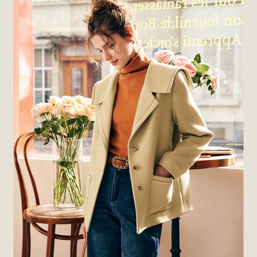OLrain欧芮儿法式海军领毛呢外套女春2025新款复古撞色短款大衣 商品图1