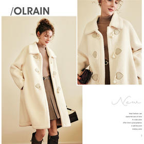 OLrain欧芮儿法式中长款皮草外套女秋冬2023年新款牛角扣加厚大衣