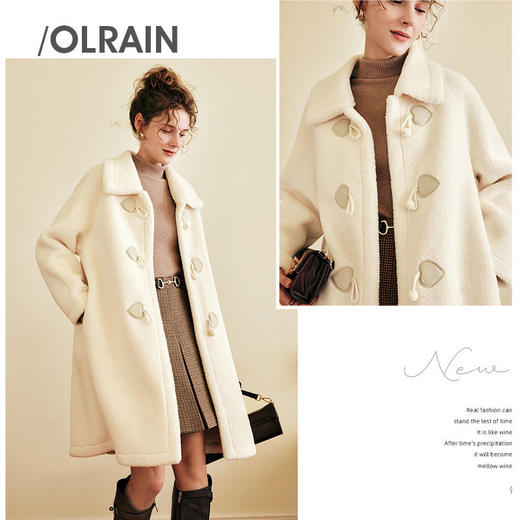 OLrain欧芮儿法式中长款皮草外套女秋冬2023年新款牛角扣加厚大衣 商品图0
