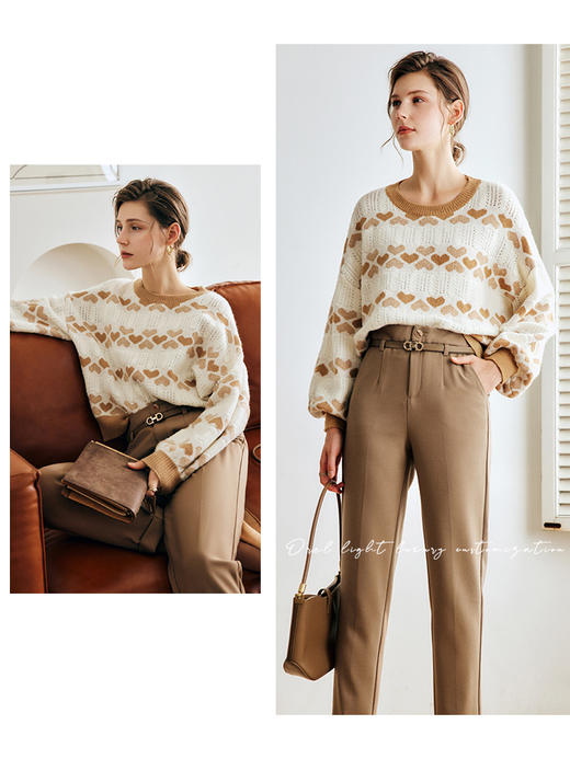 OLrain欧芮儿法式咖色提花毛衣女秋冬2022新款宽松爱心撞色针织衫 商品图1