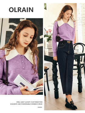 OLrain欧芮儿法式紫色翻领毛衣女秋冬2022年新款宽松撞色针织上衣