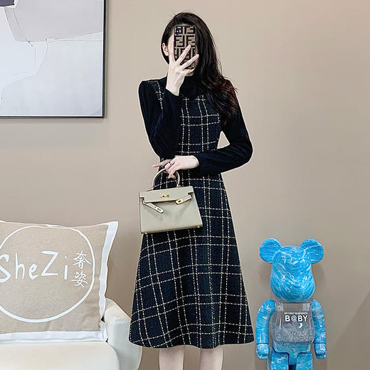 奢姿2025年冬装新款大码女装减龄格纹拼接连衣裙胖妹妹时尚裙子9924890793 商品图2