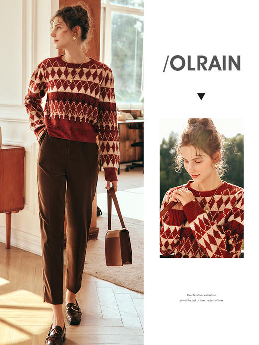 OLrain欧芮儿法式套头菱格毛衣女秋冬2022新款宽松复古毛绒针织衫 商品图0