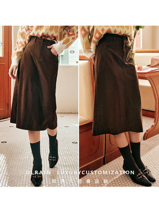 OLrain欧芮儿法式咖色灯芯绒半身裙女秋冬2022新款高腰开叉A字裙 商品图1