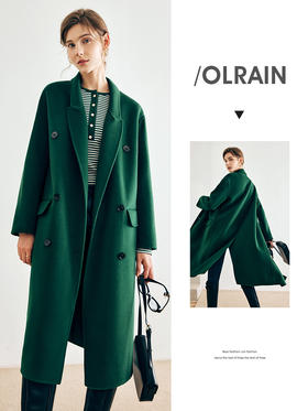 OLrain欧芮儿法式绿色毛呢外套女秋冬2022年新款宽松西装领大衣