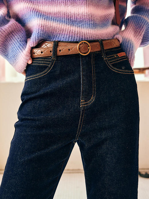 OLrain欧芮儿法式深色牛仔裤女秋冬2022年新款高腰直筒翻边阔腿裤 商品图2