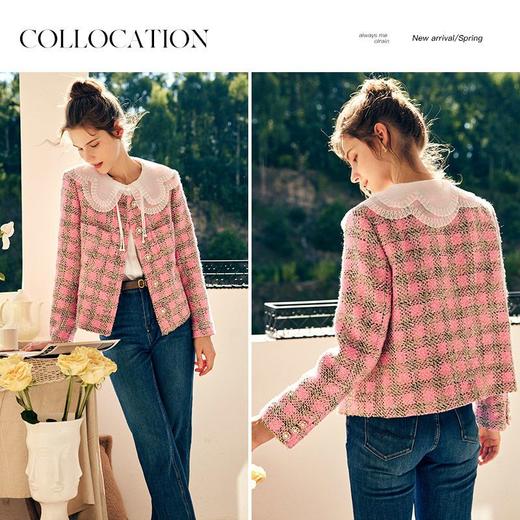 OLrain欧芮儿法式粉色小香风短外套女秋季2022年新款减龄格子上衣 商品图1