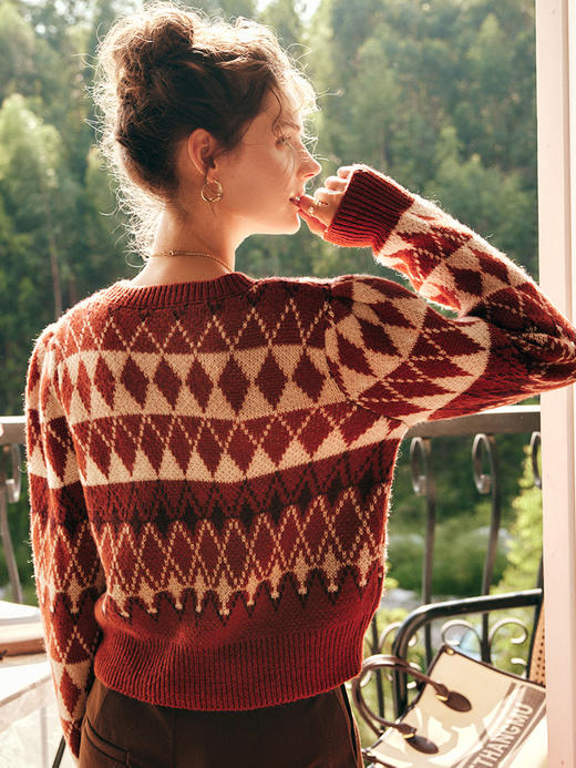 OLrain欧芮儿法式套头菱格毛衣女秋冬2022新款宽松复古毛绒针织衫 商品图3