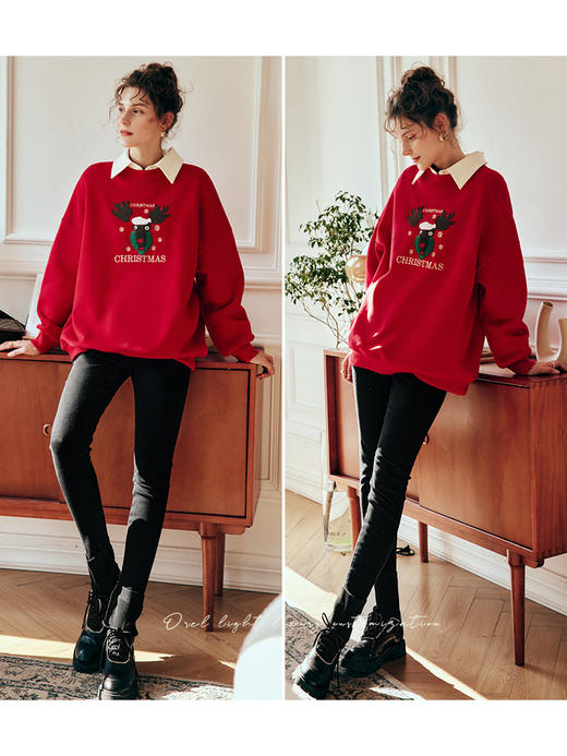 OLrain欧芮儿法式红色加绒卫衣女冬季2025新款宽松慵懒风套头上衣 商品图1