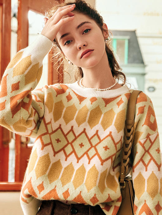 OLrain欧芮儿法式套头毛衣女秋冬2022新款宽松慵懒提花保暖针织衫 商品图2